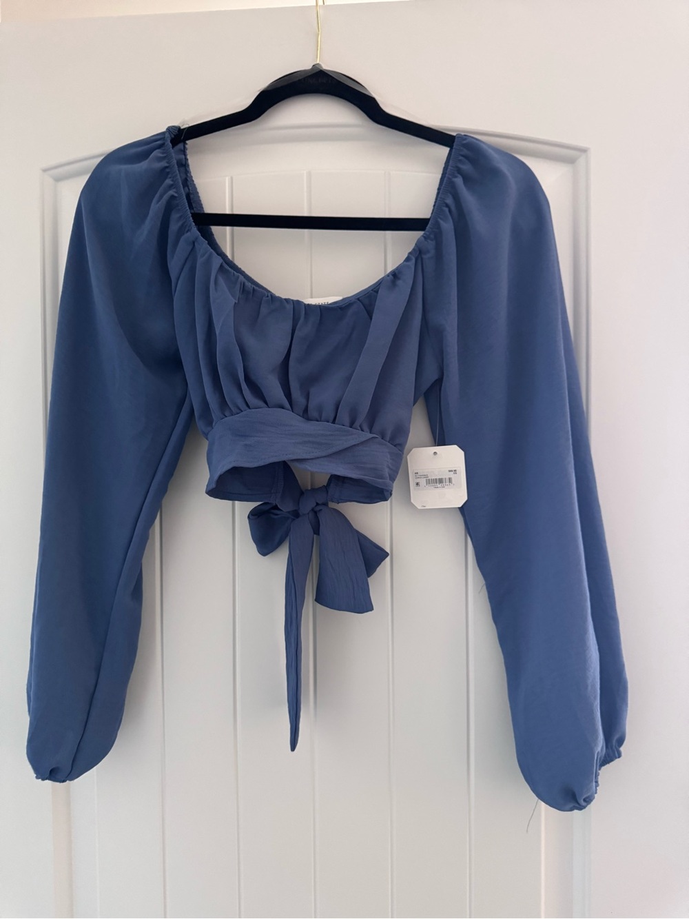 Altar'd State Slate Blue Tie-Back Puff Sleeve Crop Top